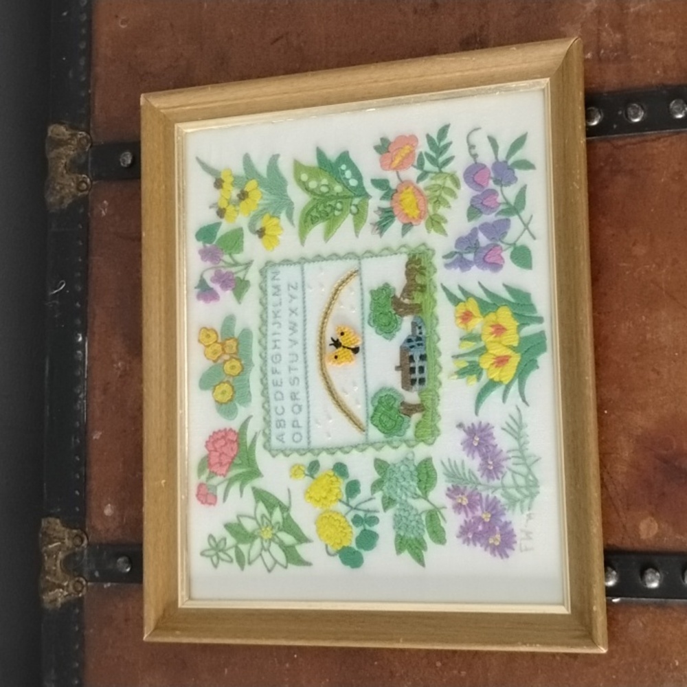 . Vintage Embroidery Wall Art - Floral Alphabet Sampler - Framed Cross Stitch